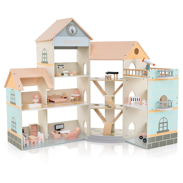 Wooden Corner Dollhouse with Pink Roof, 41 Accessories