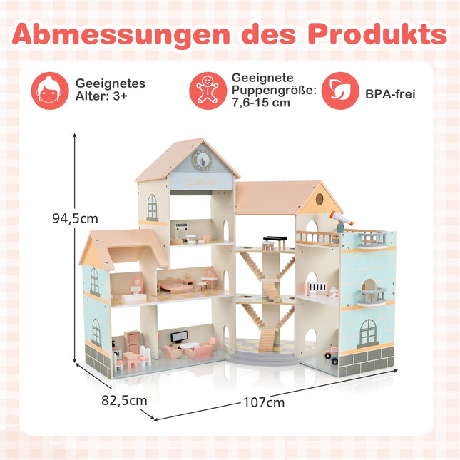 Wooden Corner Dollhouse with Pink Roof, 41 Accessories