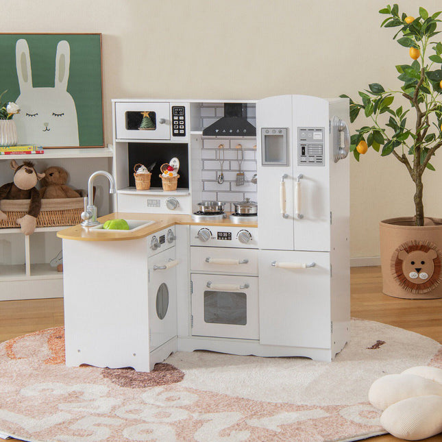 Wooden Corner Play Kitchen Set, White, 5 Accessories