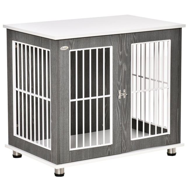 Wooden dog kennel with cushion and table top, grey/white 85x55x75cm