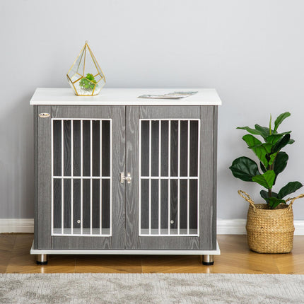 Wooden dog kennel with cushion and table top, grey/white 85x55x75cm