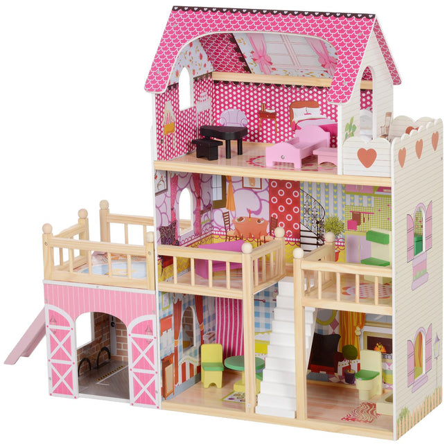 Wooden dollhouse with furniture, garage, slides and balcony