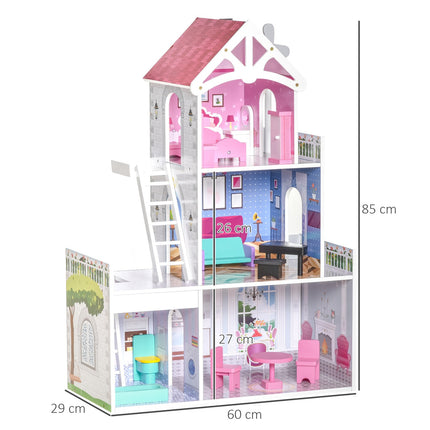 Wooden dollhouse with furniture, 3 floors, pink, 60x29x85cm