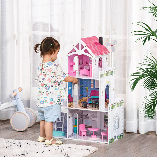 Wooden dollhouse with furniture, 3 floors, pink, 60x29x85cm