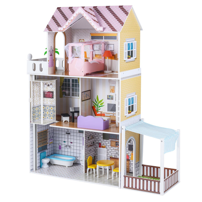 Wooden Dollhouse for Kids, 3-Story Pink Playhouse