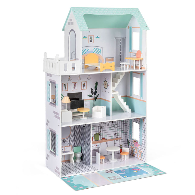Wooden Dollhouse with 17-Piece Furniture Set, 3 Floors