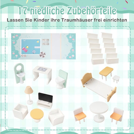 Wooden Dollhouse with 17-Piece Furniture Set, 3 Floors