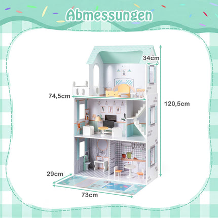 Wooden Dollhouse with 17-Piece Furniture Set, 3 Floors