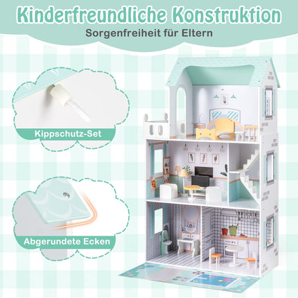 Wooden Dollhouse with 17-Piece Furniture Set, 3 Floors