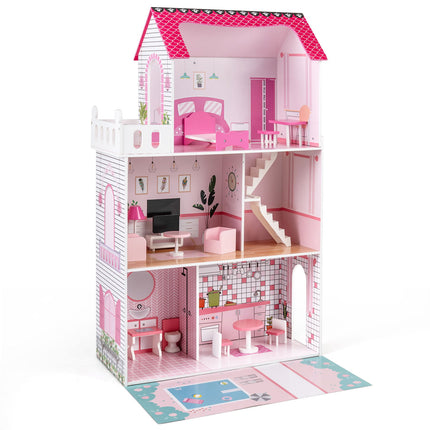 Wooden Dollhouse with 17-Piece Furniture Set, 3-Story