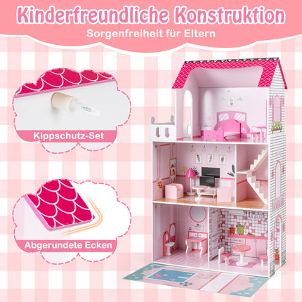 Wooden Dollhouse with 17-Piece Furniture Set, 3-Story