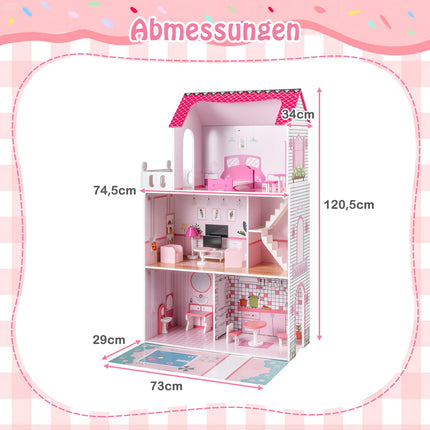 Wooden Dollhouse with 17-Piece Furniture Set, 3-Story