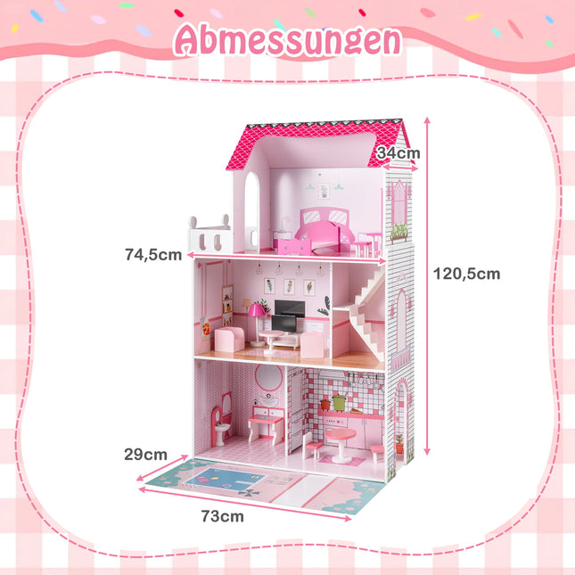 Wooden Dollhouse with 17-Piece Furniture Set, 3-Story