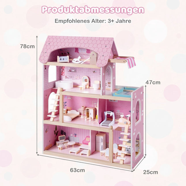 Wooden Dollhouse with 33 Furniture Pieces, Balcony & Pool
