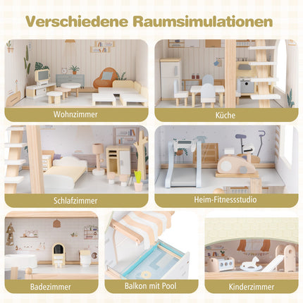 Wooden Dollhouse with 33 Furniture Pieces, Balcony & Pool