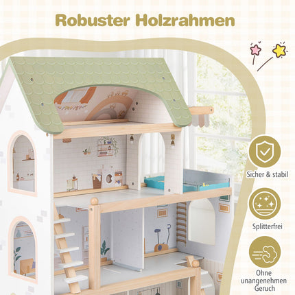 Wooden Dollhouse with 33 Furniture Pieces, Balcony & Pool