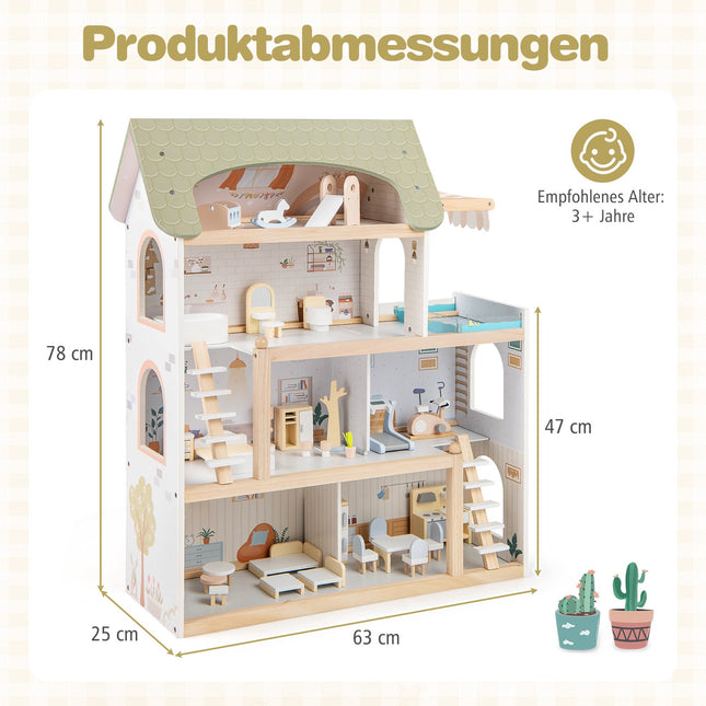 Wooden Dollhouse with 33 Furniture Pieces, Balcony & Pool