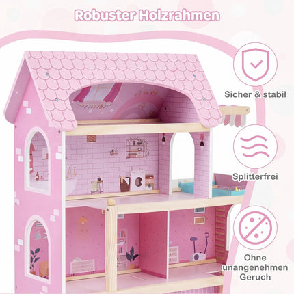 Wooden Dollhouse with 33 Furniture Pieces, Balcony & Pool