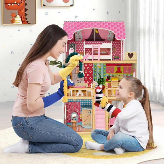 Wooden Dollhouse with 3 Floors, 15 Furniture Pieces, 6 Rooms