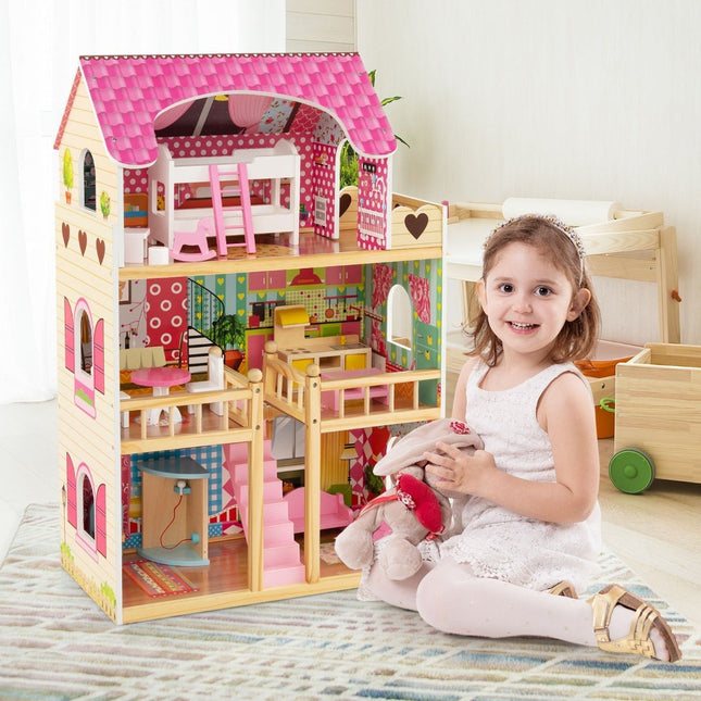Wooden Dollhouse with 3 Floors, 15 Furniture Pieces, 6 Rooms