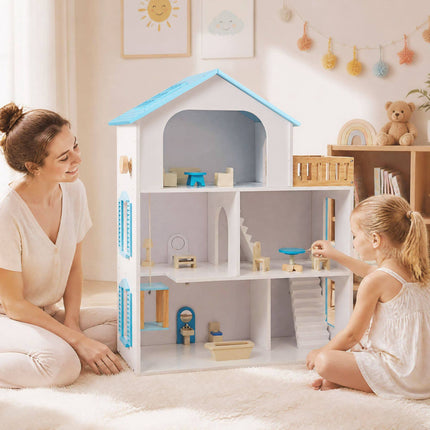 Wooden Dollhouse with 5 Rooms, Elevator and Furniture, Blue, Ages 3+