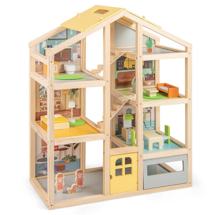 Wooden Dollhouse with Furniture & Figures, Multi-Room Design