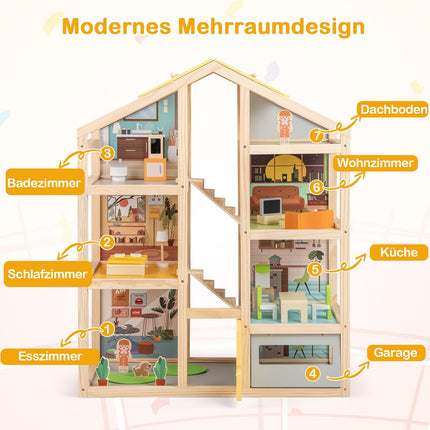 Wooden Dollhouse with Furniture & Figures, Multi-Room Design