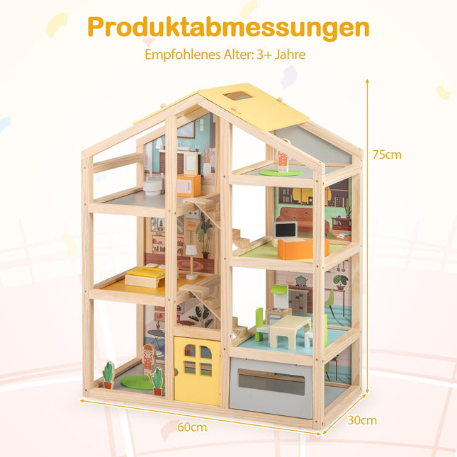 Wooden Dollhouse with Furniture & Figures, Multi-Room Design
