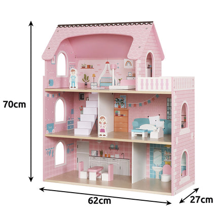 Wooden Dollhouse with LED Lights, 3 Levels, Furniture Included