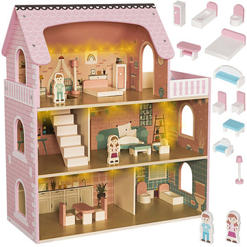 Wooden Dollhouse with LED Lights, 3 Levels, Furniture Included