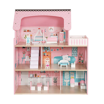Wooden Dollhouse with LED Lights, 3 Levels, Furniture Included