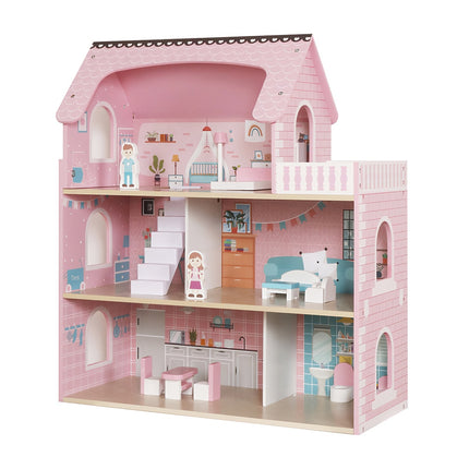 Wooden Dollhouse with LED Lights, 3 Levels, Furniture Included