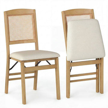 Wooden Folding Chairs, Set of 2, Linen Padded Seat
