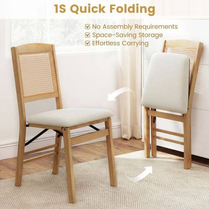 Wooden Folding Chairs, Set of 2, Linen Padded Seat