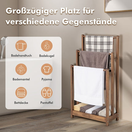 Wooden Freestanding Towel Rack, 3-Tier with Shelf, Brown
