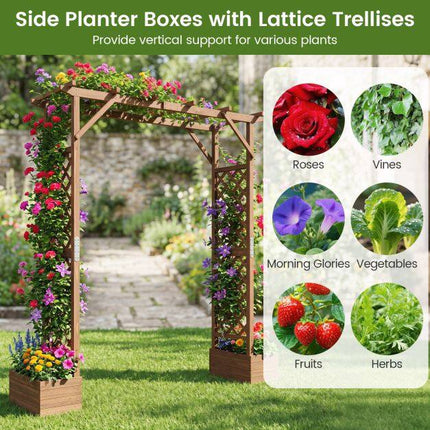 Wooden Garden Arbor with Planter Boxes, 87in Tall