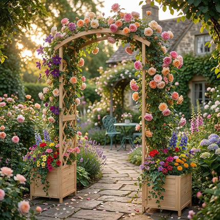Wooden Garden Arch with Planters and Trellis, Fir