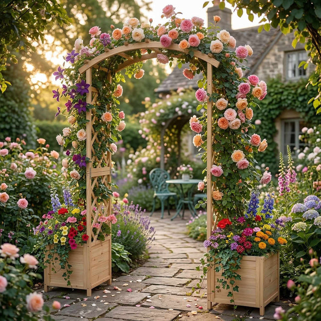 Wooden Garden Arch with Planters and Trellis, Fir