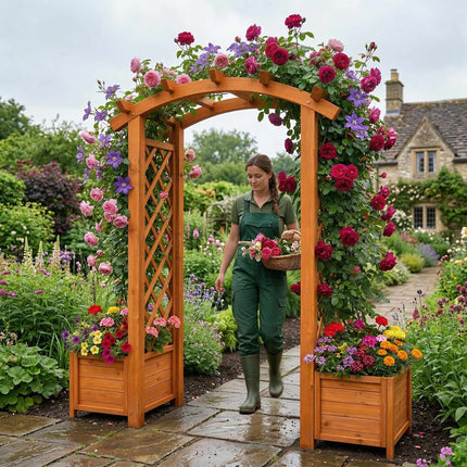 Wooden Garden Arch with Planters and Trellis, Fir