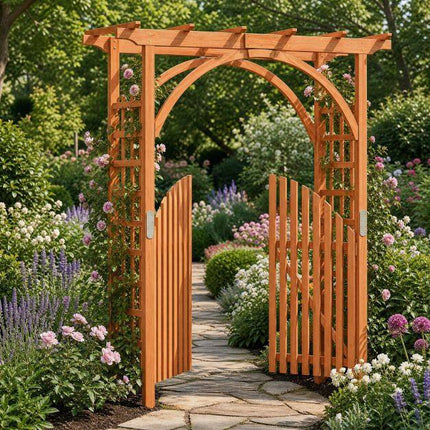 Wooden Garden Arch with Trellis & Double Doors, Fir Wood