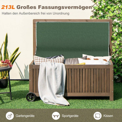 Wooden Garden Box 213 L Storage Box with Wheels Cushion Box with Waterproof PE Lining 114 x 58.5 x 51 cm Brown