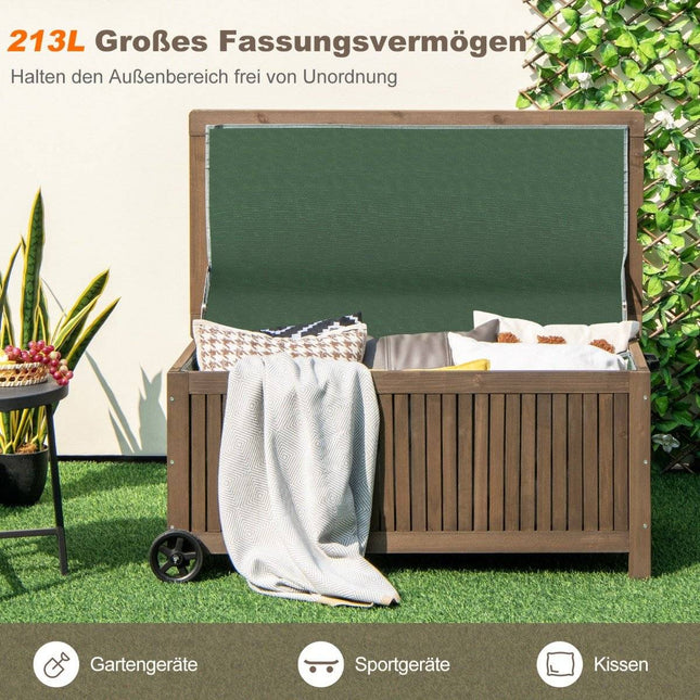 Wooden Garden Box 213 L Storage Box with Wheels Cushion Box with Waterproof PE Lining 114 x 58.5 x 51 cm Brown