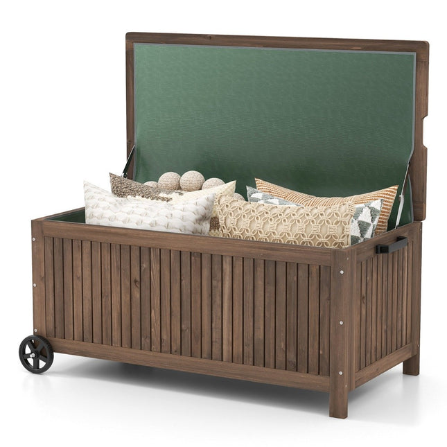 Wooden Garden Box 213 L Storage Box with Wheels Cushion Box with Waterproof PE Lining 114 x 58.5 x 51 cm Brown