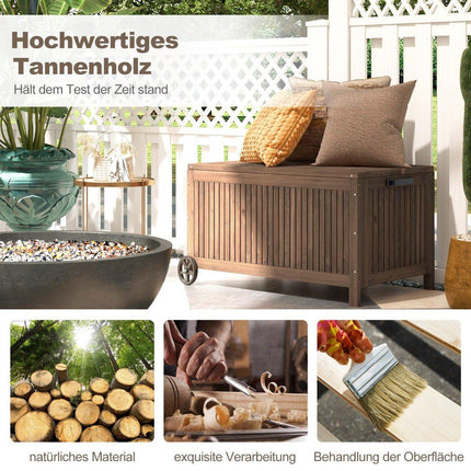 Wooden Garden Box 213 L Storage Box with Wheels Cushion Box with Waterproof PE Lining 114 x 58.5 x 51 cm Brown