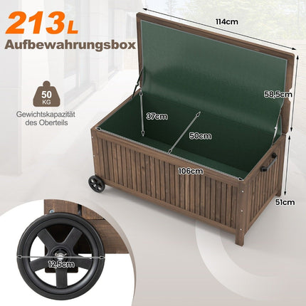 Wooden Garden Box 213 L Storage Box with Wheels Cushion Box with Waterproof PE Lining 114 x 58.5 x 51 cm Brown