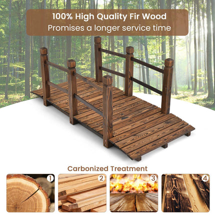 Wooden Garden Bridge, 5 ft, Safety Rails, Fir Wood