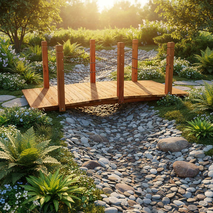 Wooden Garden Bridge – Arched, Chain Railing, Weatherproof