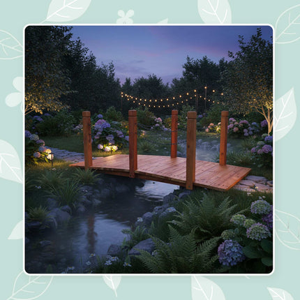 Wooden Garden Bridge – Arched, Chain Railing, Weatherproof