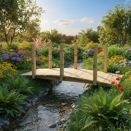Wooden Garden Bridge With Chain Railing, Weatherproof