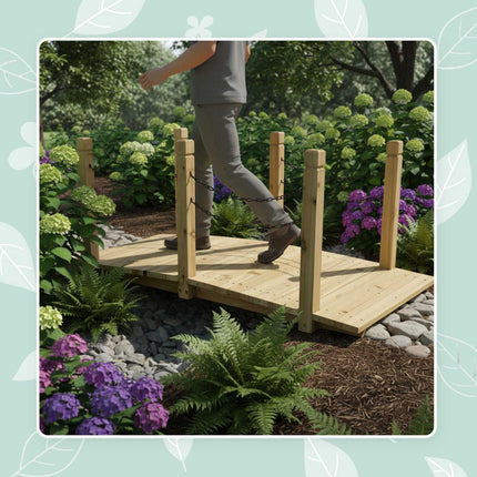Wooden Garden Bridge With Chain Railing, Weatherproof